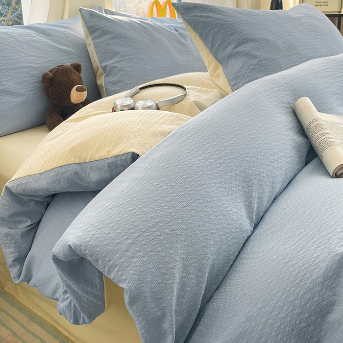 91家纺网 家纺一手货源 找家纺 优承佳生活馆 2026新款软糯双拼泡芙纱四件套 天空蓝+奶油黄