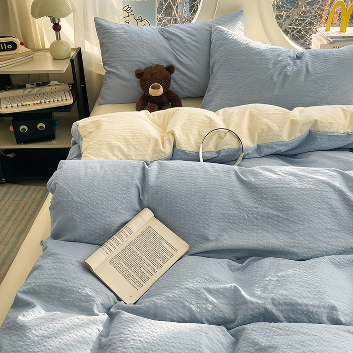 91家纺网 家纺一手货源 找家纺 优承佳生活馆 2026新款软糯双拼泡芙纱四件套 天空蓝+奶油黄