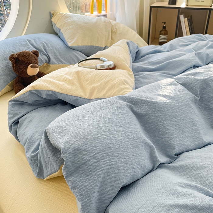 91家纺网 家纺一手货源 找家纺 优承佳生活馆 2026新款软糯双拼泡芙纱四件套 天空蓝+奶油黄