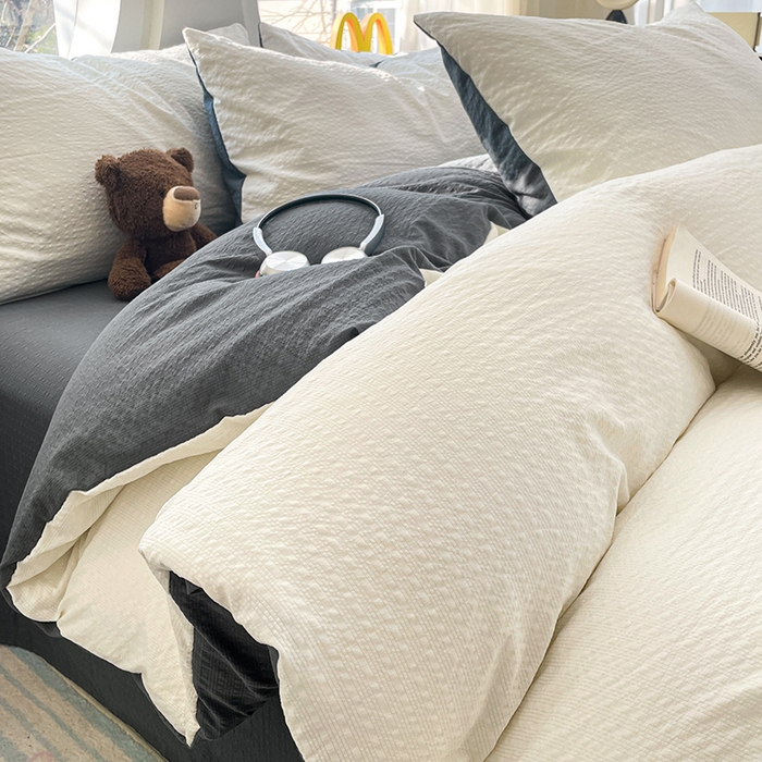 优承佳生活馆 2026新款软糯双拼泡芙纱四件套 奶油白+暗夜灰