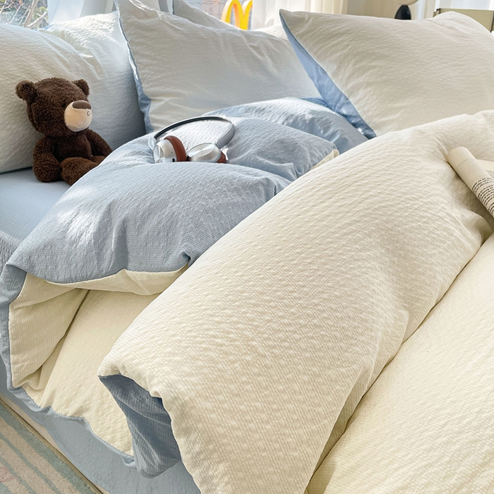 优承佳生活馆 2026新款软糯双拼泡芙纱四件套 奶油白+天空蓝