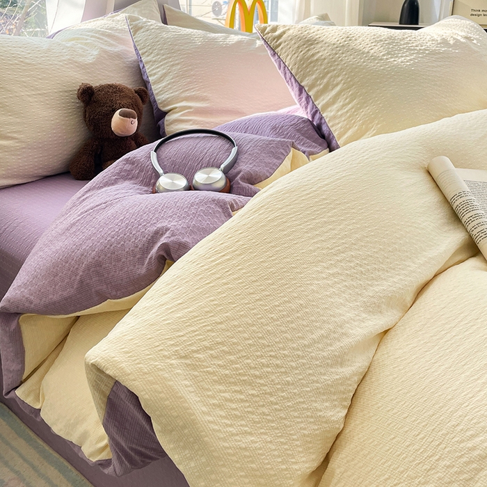 优承佳生活馆 2026新款软糯双拼泡芙纱四件套 奶油黄+芋泥紫