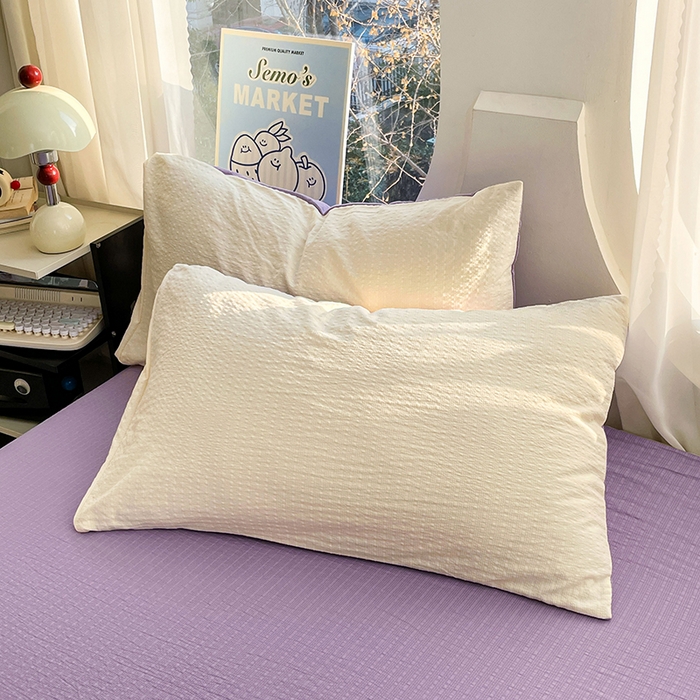 91家纺网 家纺一手货源 找家纺 优承佳生活馆 2026新款软糯双拼泡芙纱四件套 奶油黄+芋泥紫