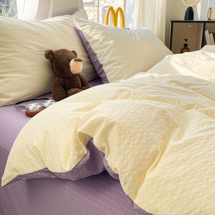 91家纺网 家纺一手货源 找家纺 优承佳生活馆 2026新款软糯双拼泡芙纱四件套 奶油黄+芋泥紫