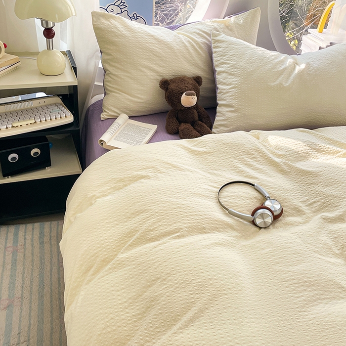 91家纺网 家纺一手货源 找家纺 优承佳生活馆 2026新款软糯双拼泡芙纱四件套 奶油黄+芋泥紫