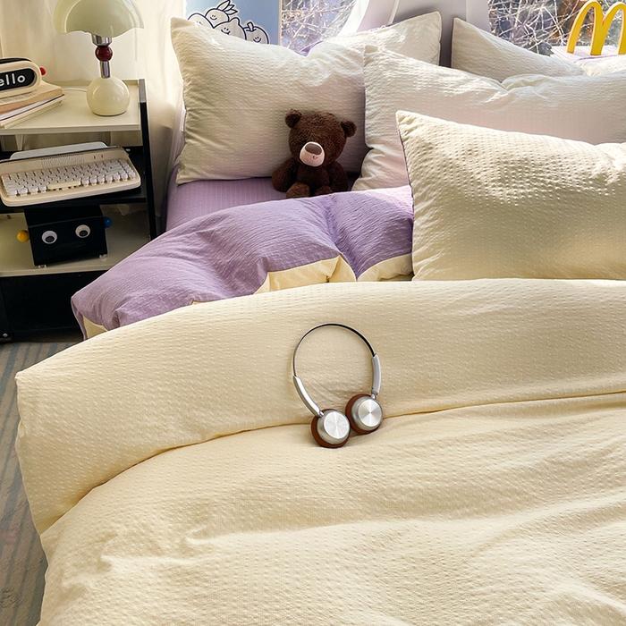 91家纺网 家纺一手货源 找家纺 优承佳生活馆 2026新款软糯双拼泡芙纱四件套 奶油黄+芋泥紫