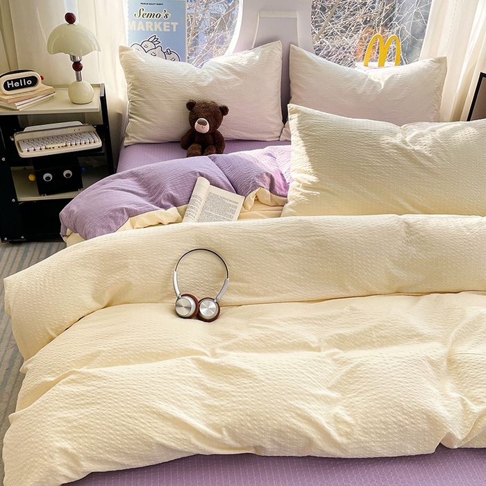 91家纺网 家纺一手货源 找家纺 优承佳生活馆 2026新款软糯双拼泡芙纱四件套 奶油黄+芋泥紫