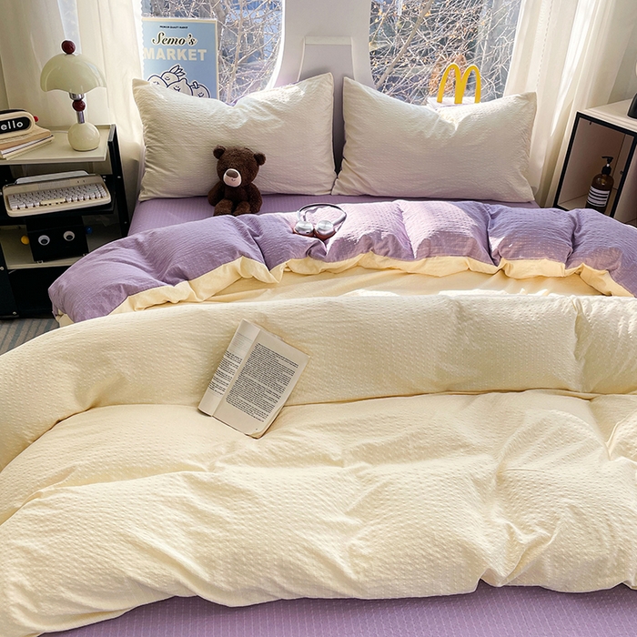 91家纺网 家纺一手货源 找家纺 优承佳生活馆 2026新款软糯双拼泡芙纱四件套 奶油黄+芋泥紫