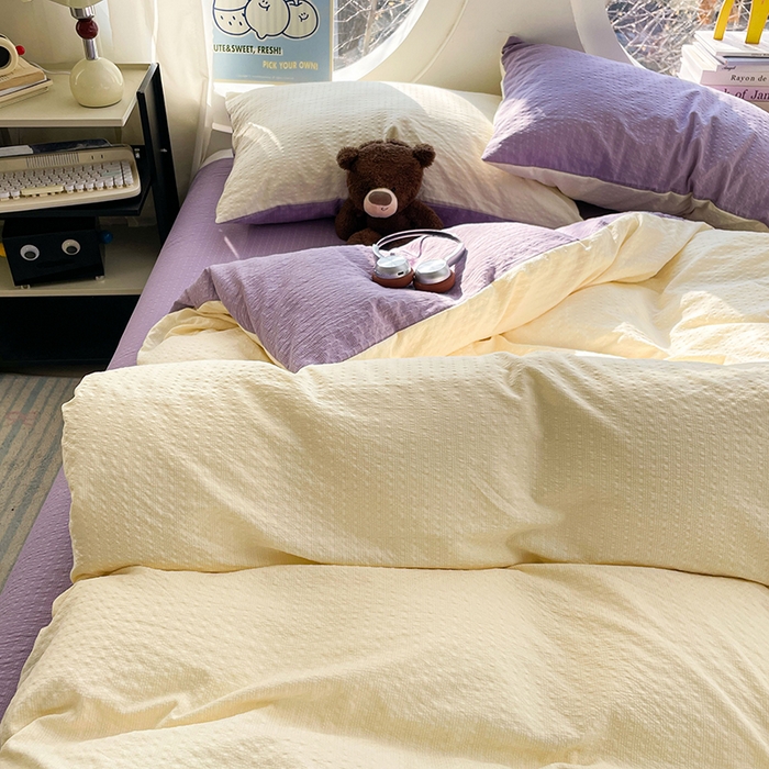 91家纺网 家纺一手货源 找家纺 优承佳生活馆 2026新款软糯双拼泡芙纱四件套 奶油黄+芋泥紫