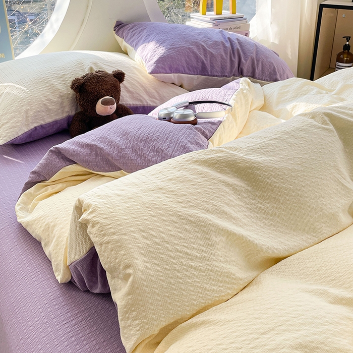 91家纺网 家纺一手货源 找家纺 优承佳生活馆 2026新款软糯双拼泡芙纱四件套 奶油黄+芋泥紫