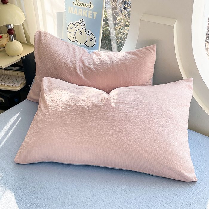 91家纺网 家纺一手货源 找家纺 优承佳生活馆 2026新款软糯双拼泡芙纱四件套 肉桂粉+天空蓝