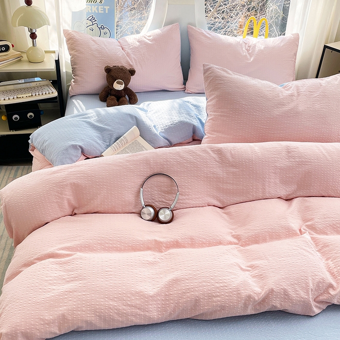 91家纺网 家纺一手货源 找家纺 优承佳生活馆 2026新款软糯双拼泡芙纱四件套 肉桂粉+天空蓝