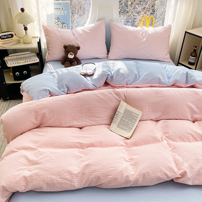 91家纺网 家纺一手货源 找家纺 优承佳生活馆 2026新款软糯双拼泡芙纱四件套 肉桂粉+天空蓝