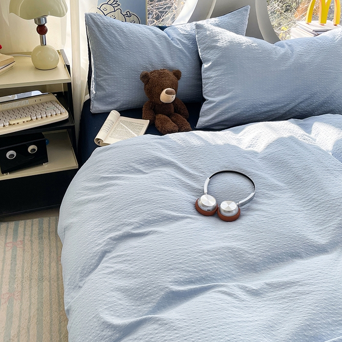 91家纺网 家纺一手货源 找家纺 优承佳生活馆 2026新款软糯双拼泡芙纱四件套 天空蓝+星空蓝