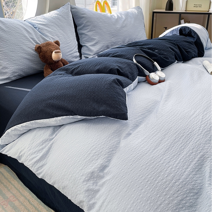 91家纺网 家纺一手货源 找家纺 优承佳生活馆 2026新款软糯双拼泡芙纱四件套 天空蓝+星空蓝