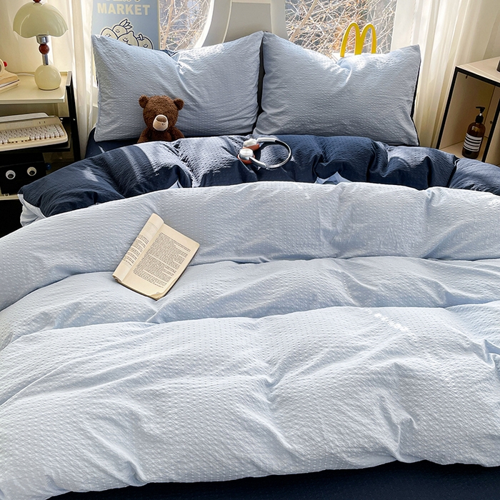 91家纺网 家纺一手货源 找家纺 优承佳生活馆 2026新款软糯双拼泡芙纱四件套 天空蓝+星空蓝