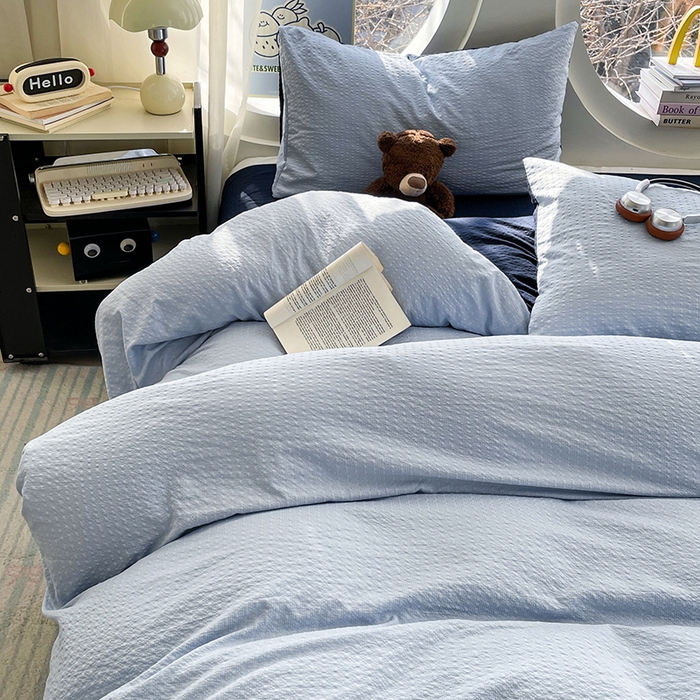 91家纺网 家纺一手货源 找家纺 优承佳生活馆 2026新款软糯双拼泡芙纱四件套 天空蓝+星空蓝