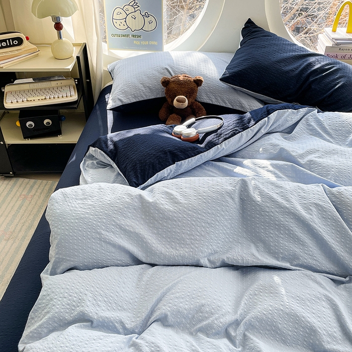 91家纺网 家纺一手货源 找家纺 优承佳生活馆 2026新款软糯双拼泡芙纱四件套 天空蓝+星空蓝