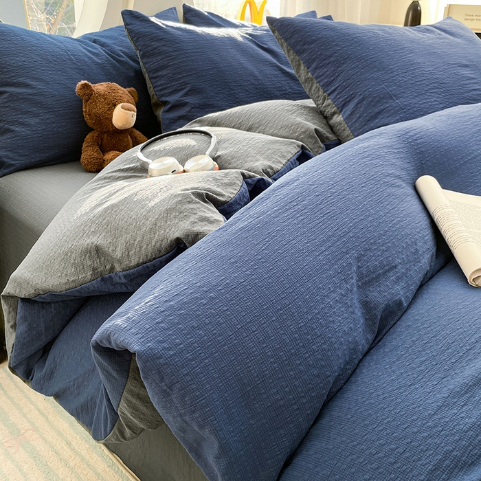 优承佳生活馆 2026新款软糯双拼泡芙纱四件套 星空蓝+银优灰