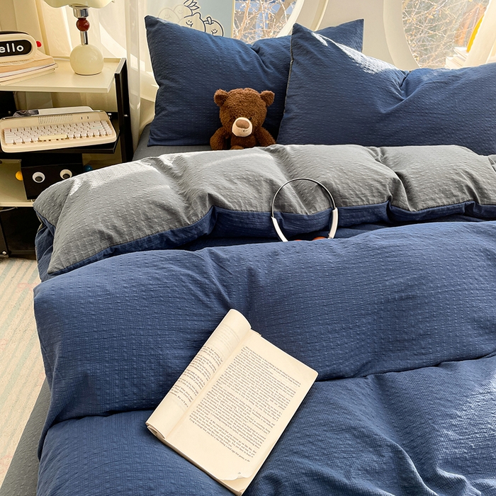 91家纺网 家纺一手货源 找家纺 优承佳生活馆 2026新款软糯双拼泡芙纱四件套 星空蓝+银优灰