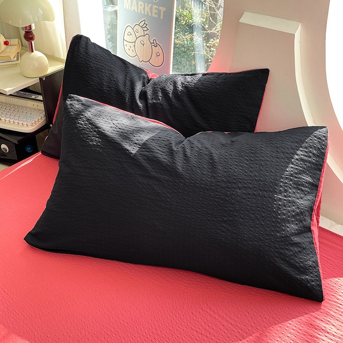 91家纺网 家纺一手货源 找家纺 优承佳生活馆 2026新款软糯双拼泡芙纱四件套 星耀黑+西瓜红