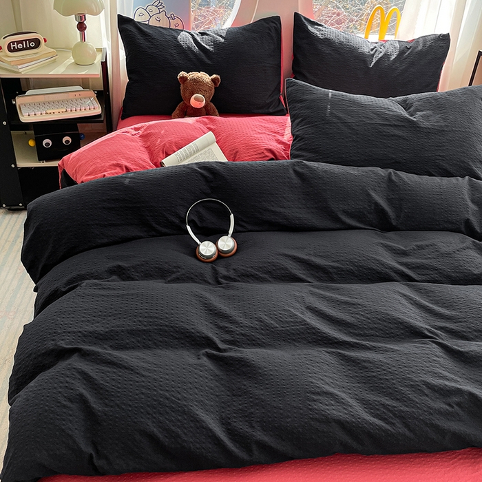 91家纺网 家纺一手货源 找家纺 优承佳生活馆 2026新款软糯双拼泡芙纱四件套 星耀黑+西瓜红