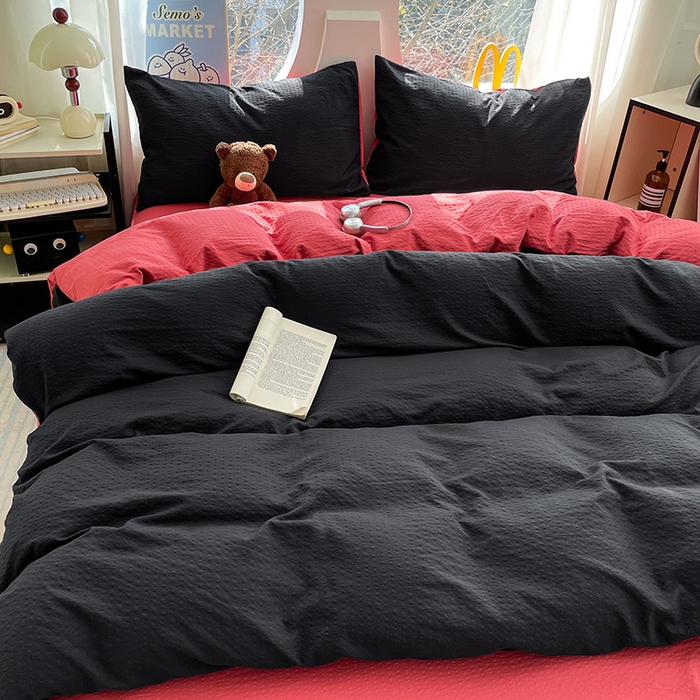 91家纺网 家纺一手货源 找家纺 优承佳生活馆 2026新款软糯双拼泡芙纱四件套 星耀黑+西瓜红