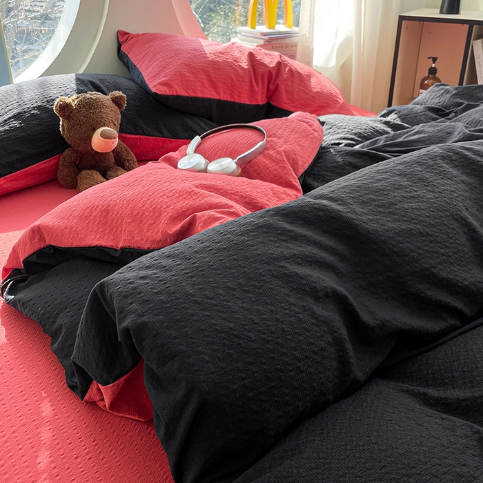 91家纺网 家纺一手货源 找家纺 优承佳生活馆 2026新款软糯双拼泡芙纱四件套 星耀黑+西瓜红