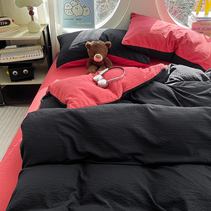 91家纺网 家纺一手货源 找家纺 优承佳生活馆 2026新款软糯双拼泡芙纱四件套 星耀黑+西瓜红