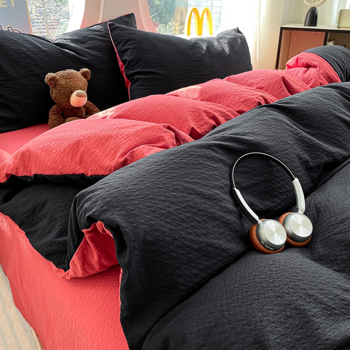 91家纺网 家纺一手货源 找家纺 优承佳生活馆 2026新款软糯双拼泡芙纱四件套 星耀黑+西瓜红