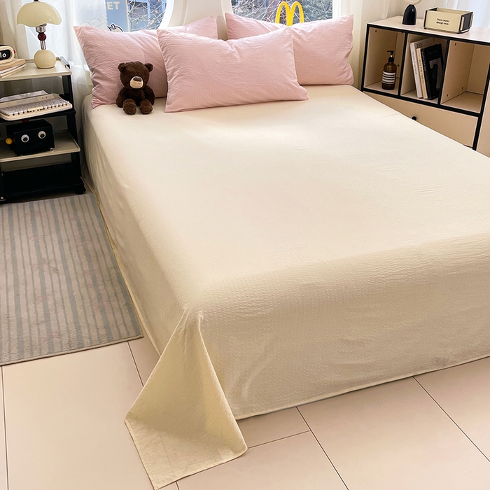 91家纺网 家纺一手货源 找家纺 优承佳生活馆 2026新款软糯双拼泡芙纱四件套 樱花粉+奶油黄