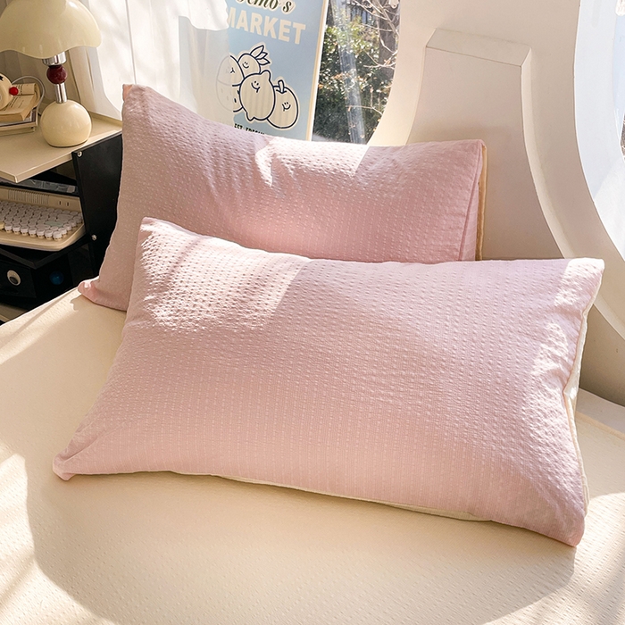 91家纺网 家纺一手货源 找家纺 优承佳生活馆 2026新款软糯双拼泡芙纱四件套 樱花粉+奶油黄