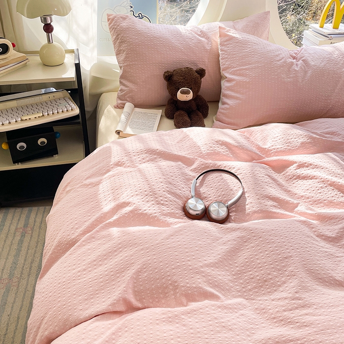 91家纺网 家纺一手货源 找家纺 优承佳生活馆 2026新款软糯双拼泡芙纱四件套 樱花粉+奶油黄