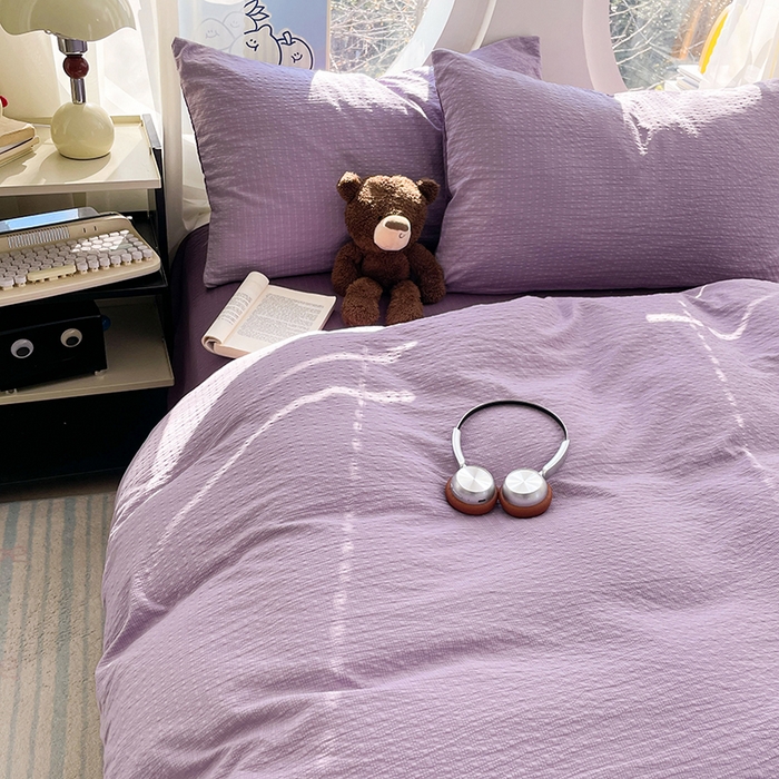 91家纺网 家纺一手货源 找家纺 优承佳生活馆 2026新款软糯双拼泡芙纱四件套 芋泥紫+烟雾紫
