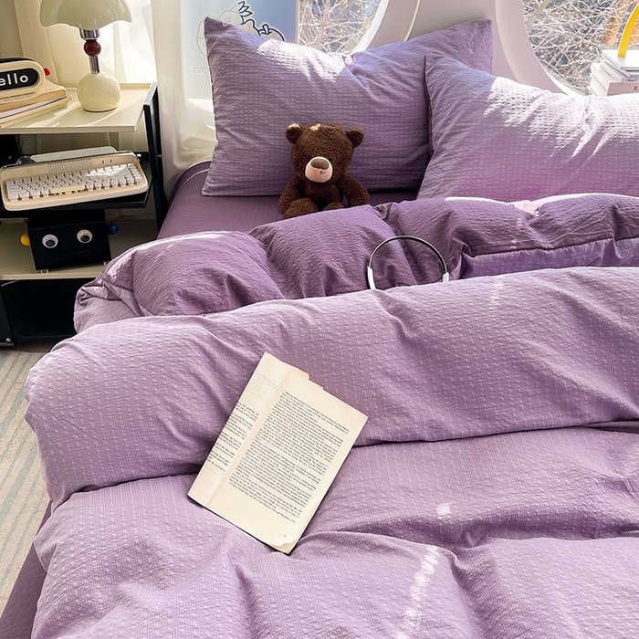 91家纺网 家纺一手货源 找家纺 优承佳生活馆 2026新款软糯双拼泡芙纱四件套 芋泥紫+烟雾紫