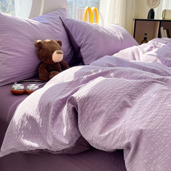 91家纺网 家纺一手货源 找家纺 优承佳生活馆 2026新款软糯双拼泡芙纱四件套 芋泥紫+烟雾紫