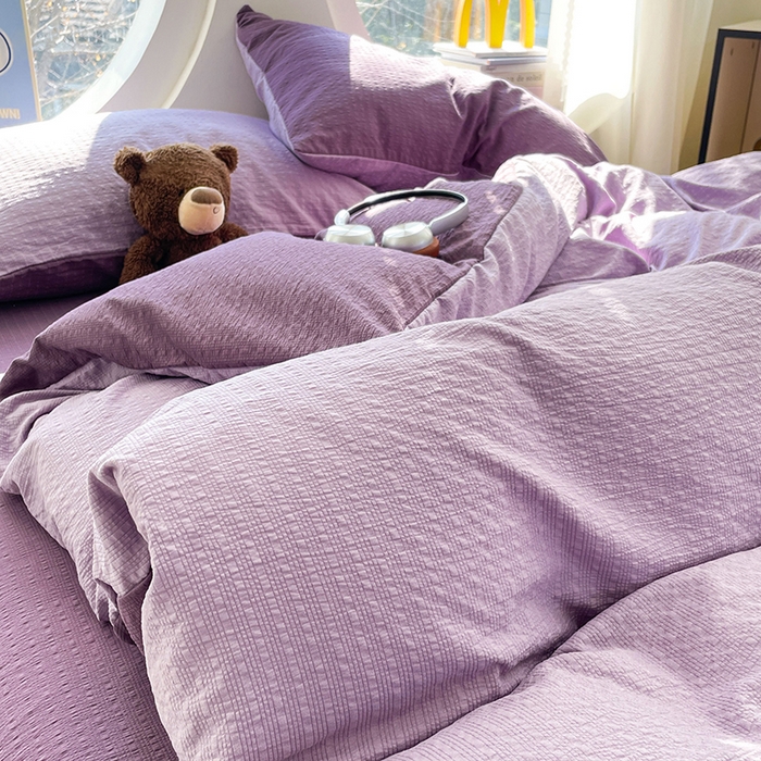 91家纺网 家纺一手货源 找家纺 优承佳生活馆 2026新款软糯双拼泡芙纱四件套 芋泥紫+烟雾紫