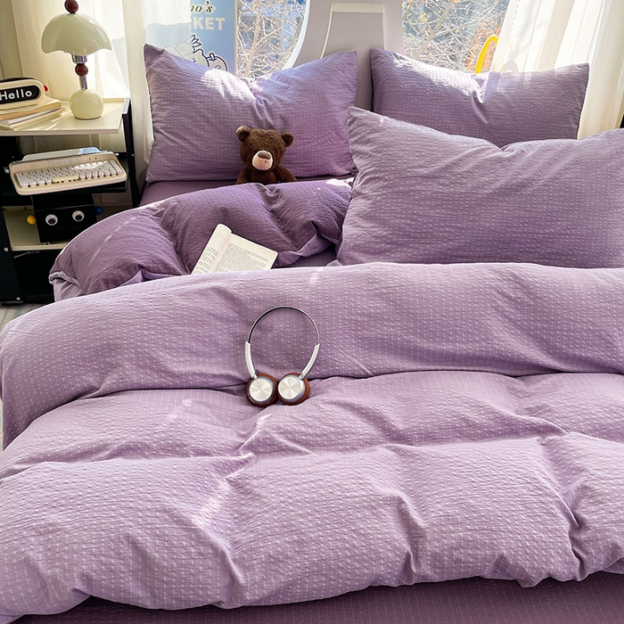 91家纺网 家纺一手货源 找家纺 优承佳生活馆 2026新款软糯双拼泡芙纱四件套 芋泥紫+烟雾紫