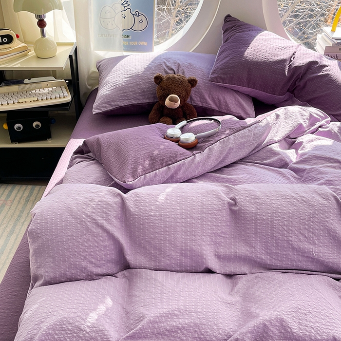 91家纺网 家纺一手货源 找家纺 优承佳生活馆 2026新款软糯双拼泡芙纱四件套 芋泥紫+烟雾紫