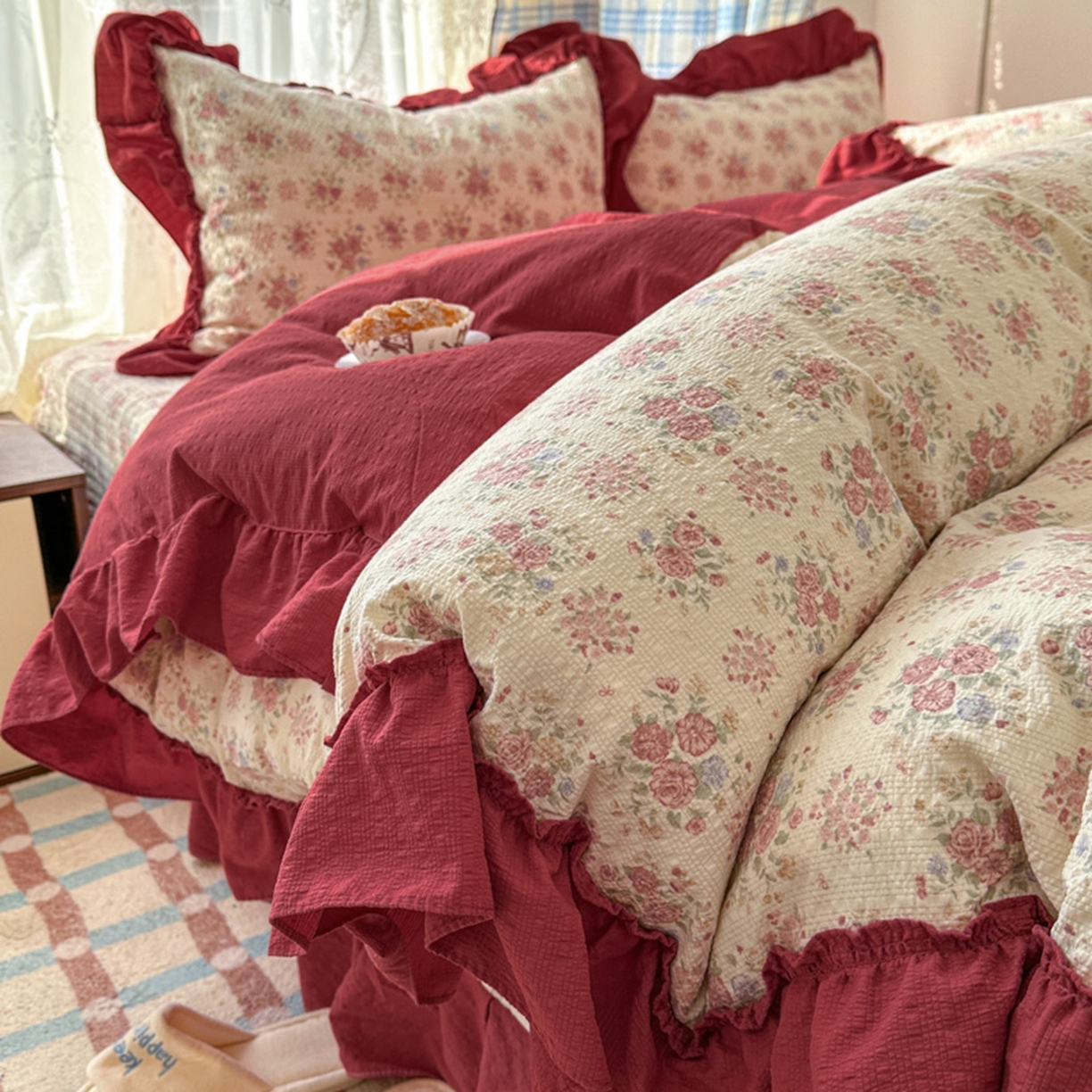 91家纺网 家纺一手货源 找家纺 欧尚 2026新款花边床盖四件套 梨花落