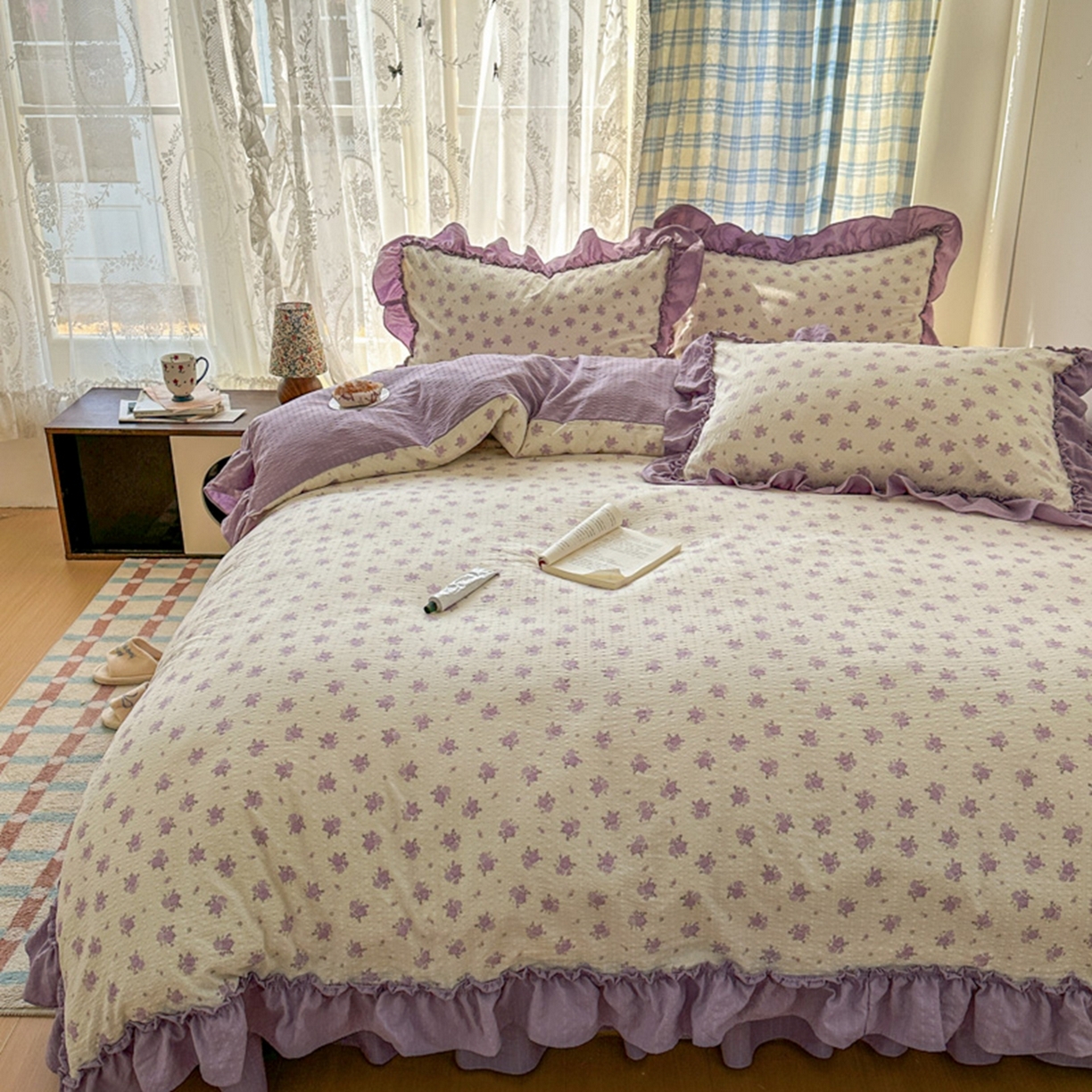 91家纺网 家纺一手货源 找家纺 欧尚 2026新款花边床盖四件套 紫苏