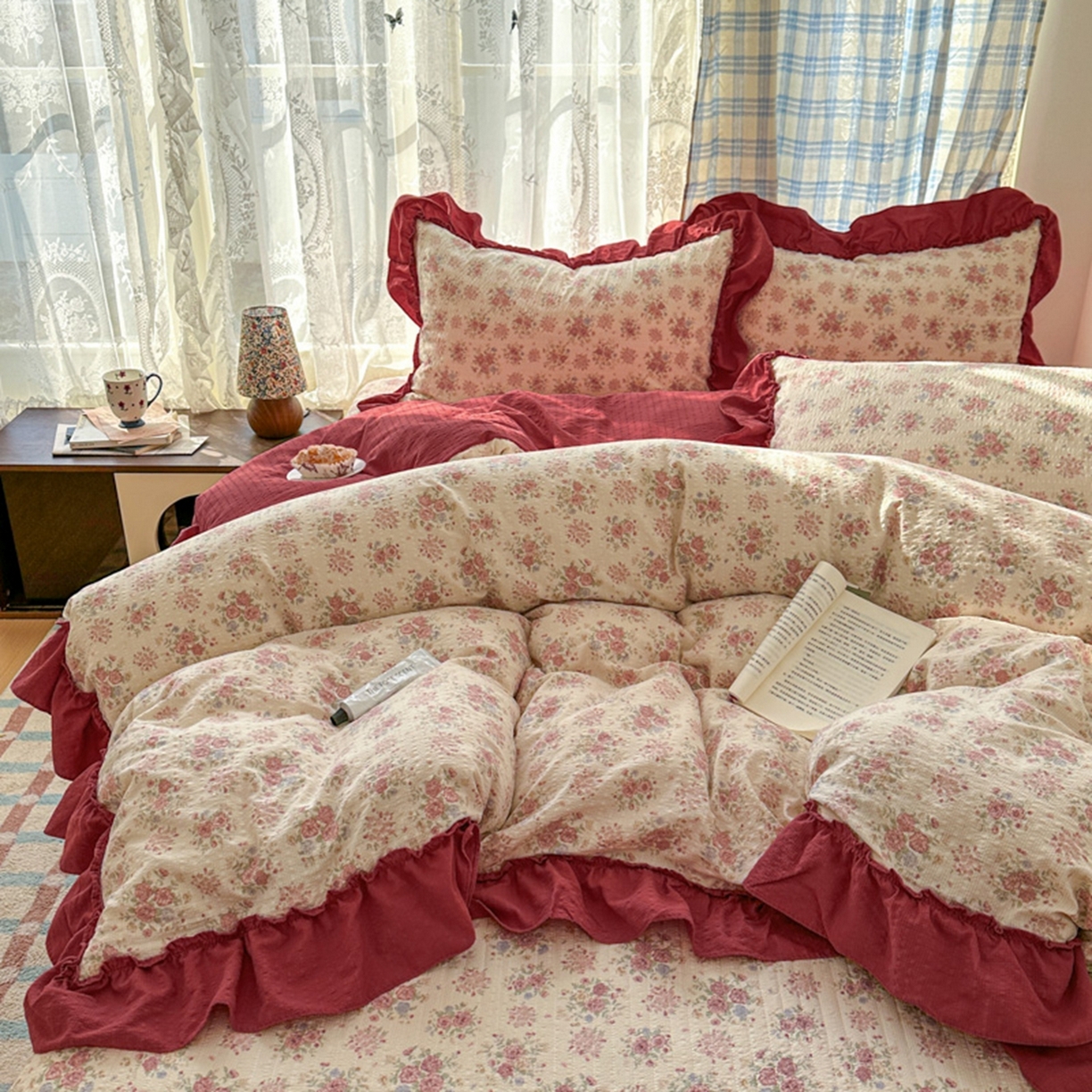 91家纺网 家纺一手货源 找家纺 欧尚 2026新款花边床盖四件套 梨花落