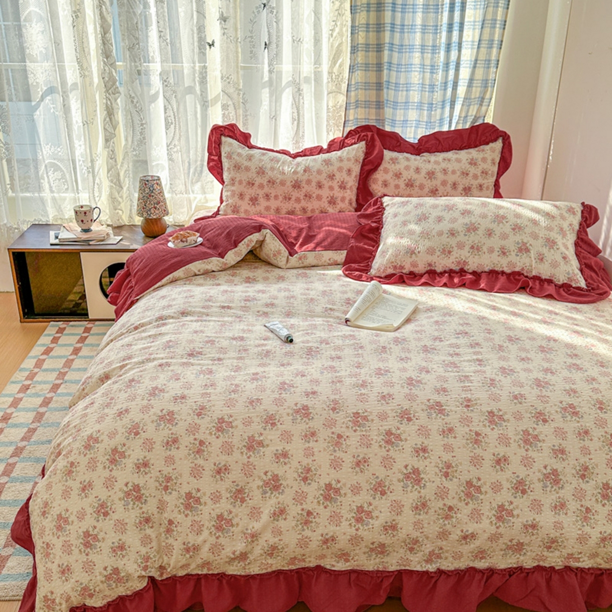 91家纺网 家纺一手货源 找家纺 欧尚 2026新款花边床盖四件套 梨花落