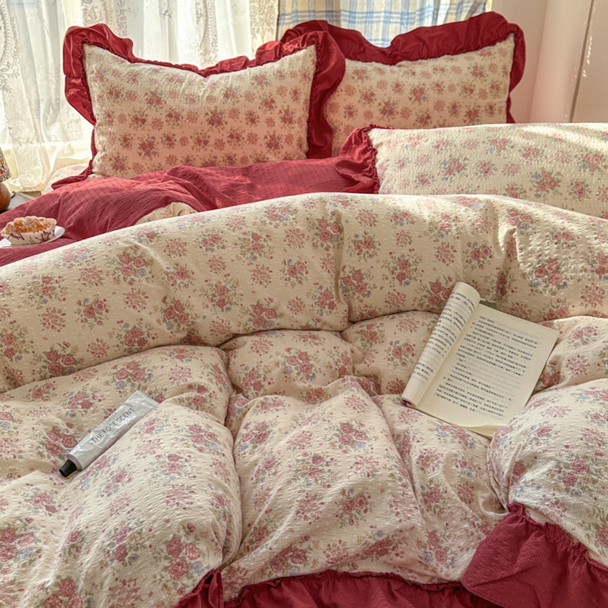 91家纺网 家纺一手货源 找家纺 欧尚 2026新款花边床盖四件套 梨花落