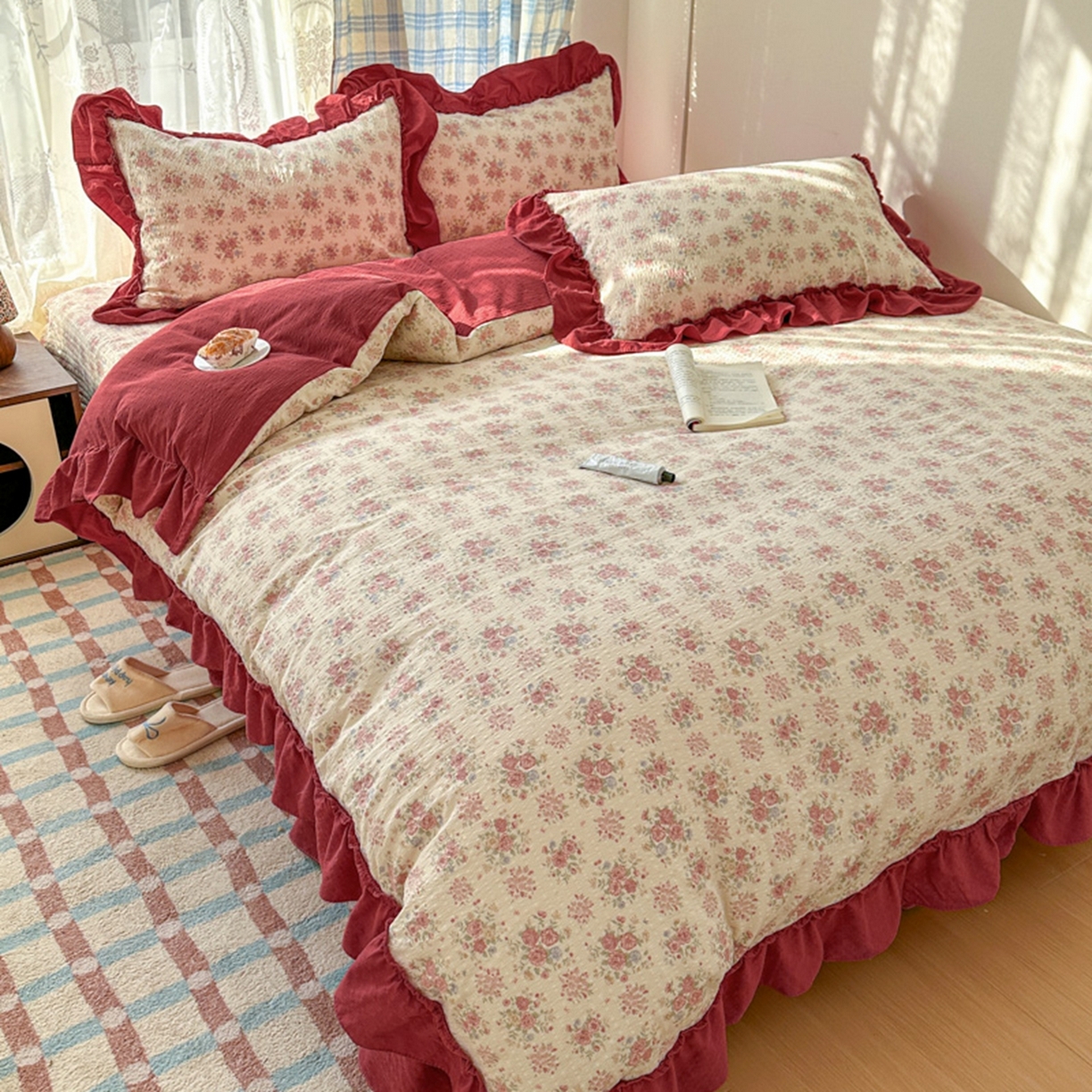 91家纺网 家纺一手货源 找家纺 欧尚 2026新款花边床盖四件套 梨花落