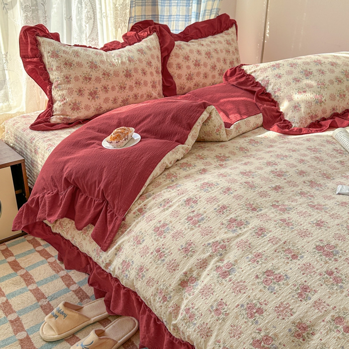 91家纺网 家纺一手货源 找家纺 欧尚 2026新款花边床盖四件套 梨花落