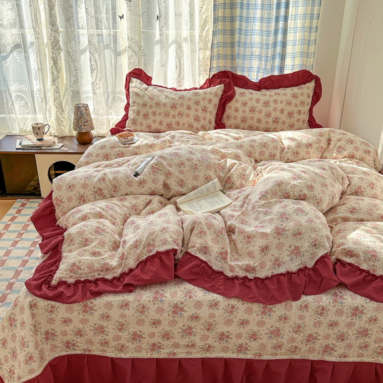 91家纺网 家纺一手货源 找家纺 欧尚 2026新款花边床盖四件套 梨花落