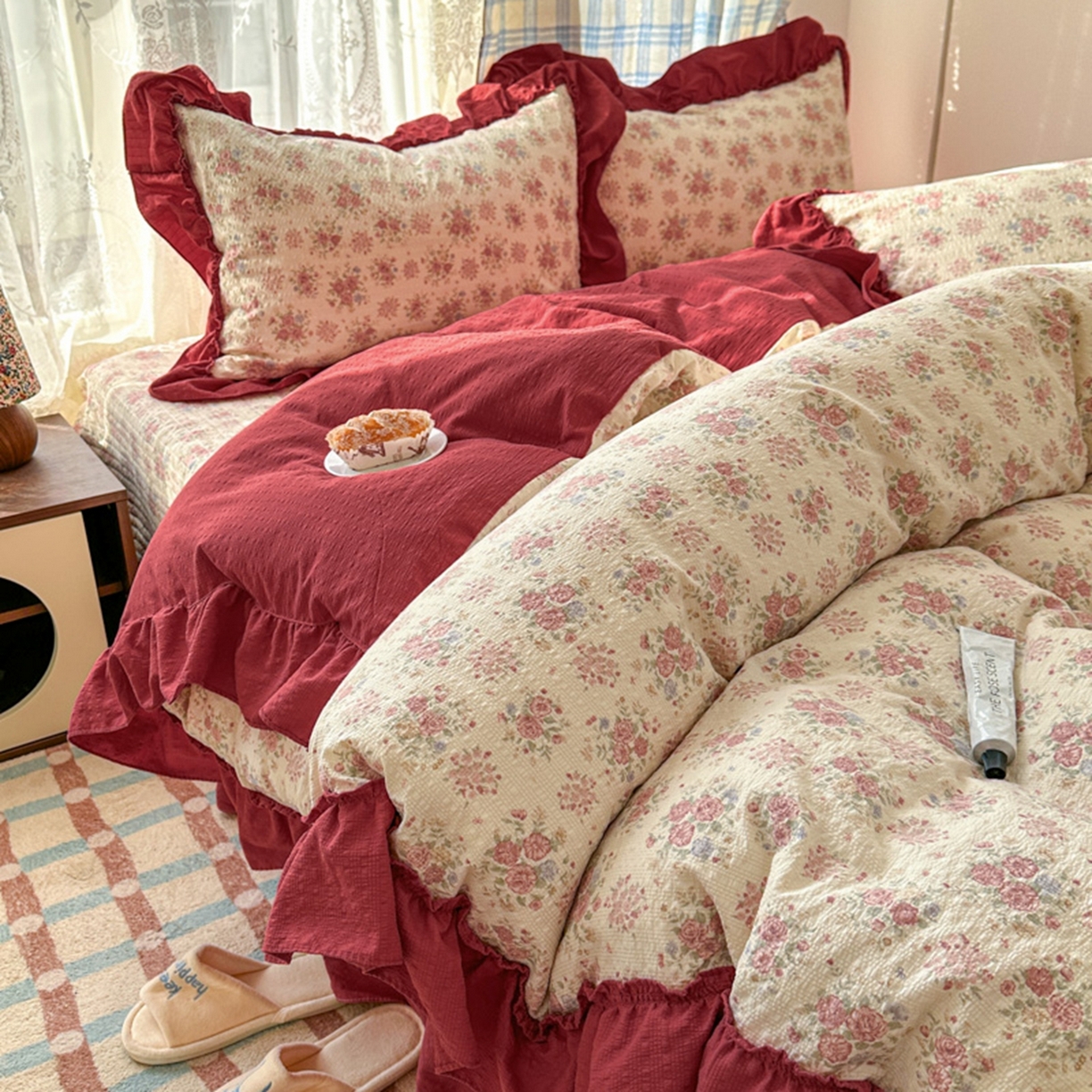 91家纺网 家纺一手货源 找家纺 欧尚 2026新款花边床盖四件套 梨花落