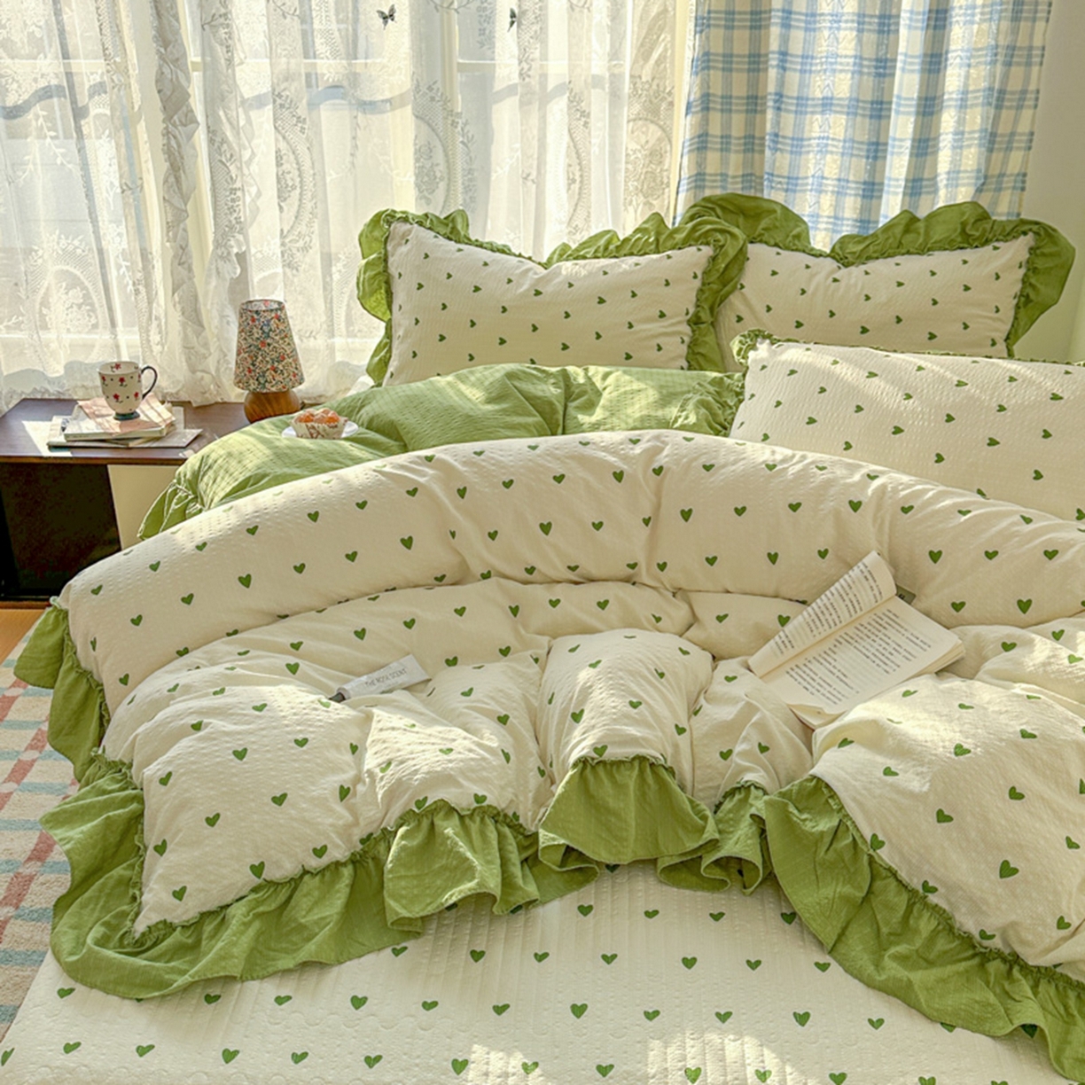 91家纺网 家纺一手货源 找家纺 欧尚 2026新款花边床盖四件套 绿爱心