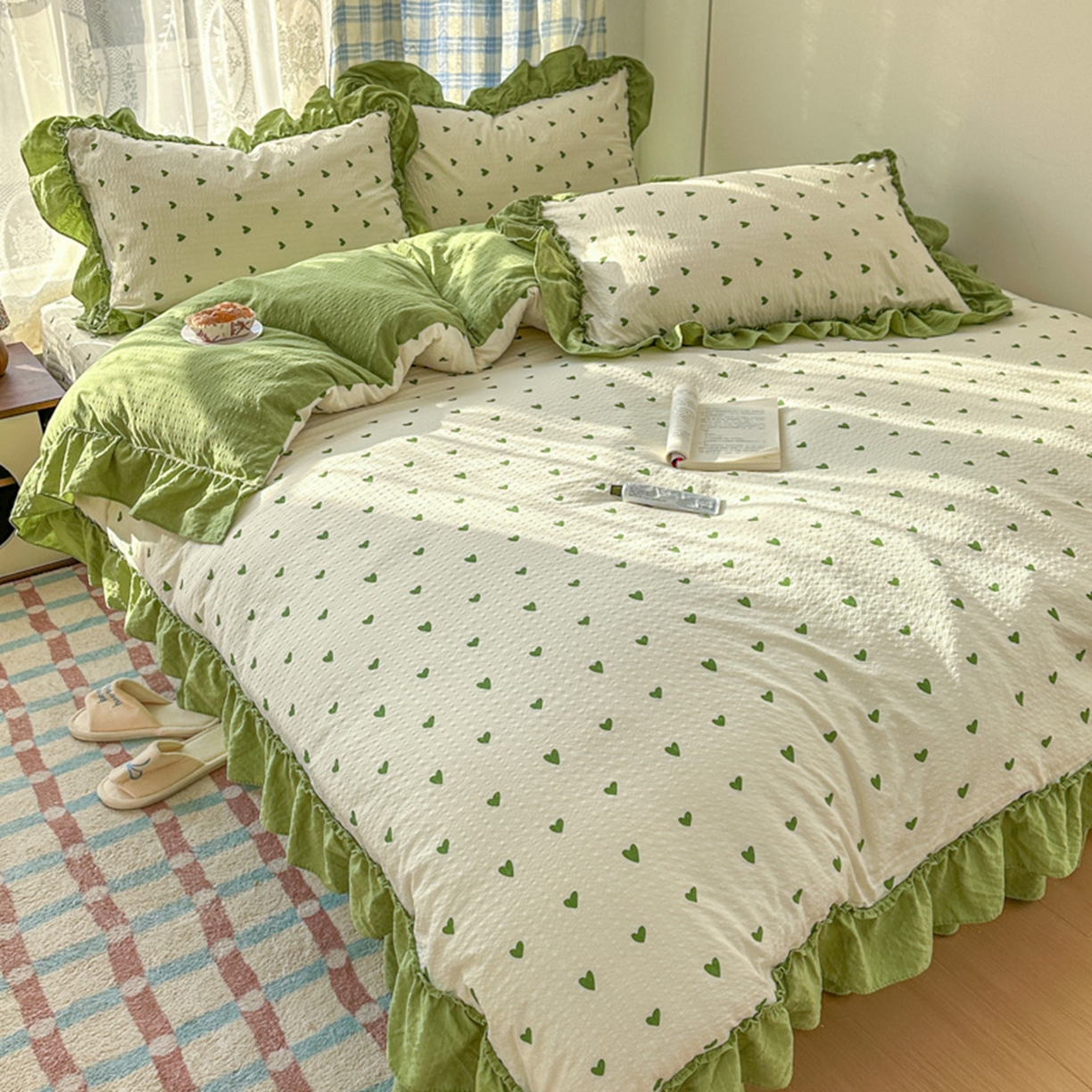 91家纺网 家纺一手货源 找家纺 欧尚 2026新款花边床盖四件套 绿爱心